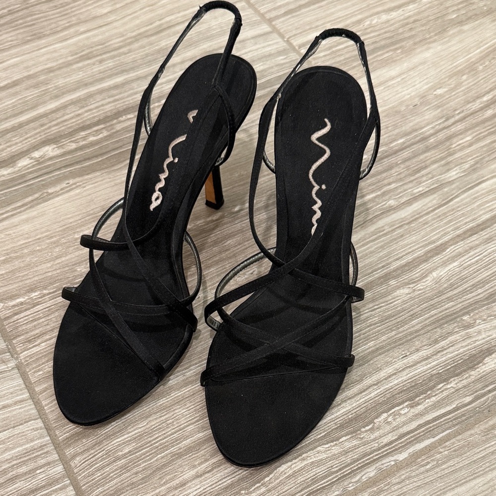 Nina black strappy heels 3 inch skinny strap slingback pointy toe size 8